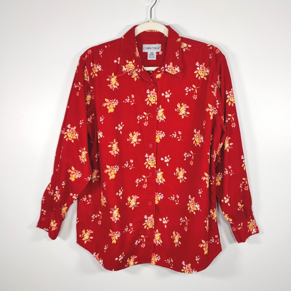 Cabin Creek 100% Cotton Corduroy Floral Button Shirt Cottagecore Large